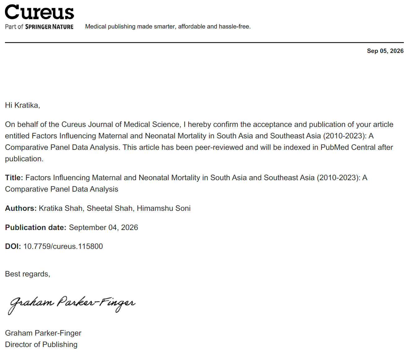 Cureus acceptance letter — Springer Nature